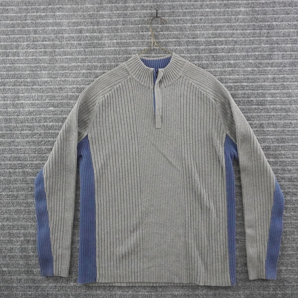 Vintage Claiborne Quarter-Zip Sweater Mens L Grey Blue Ribbed Cotton Japan Made